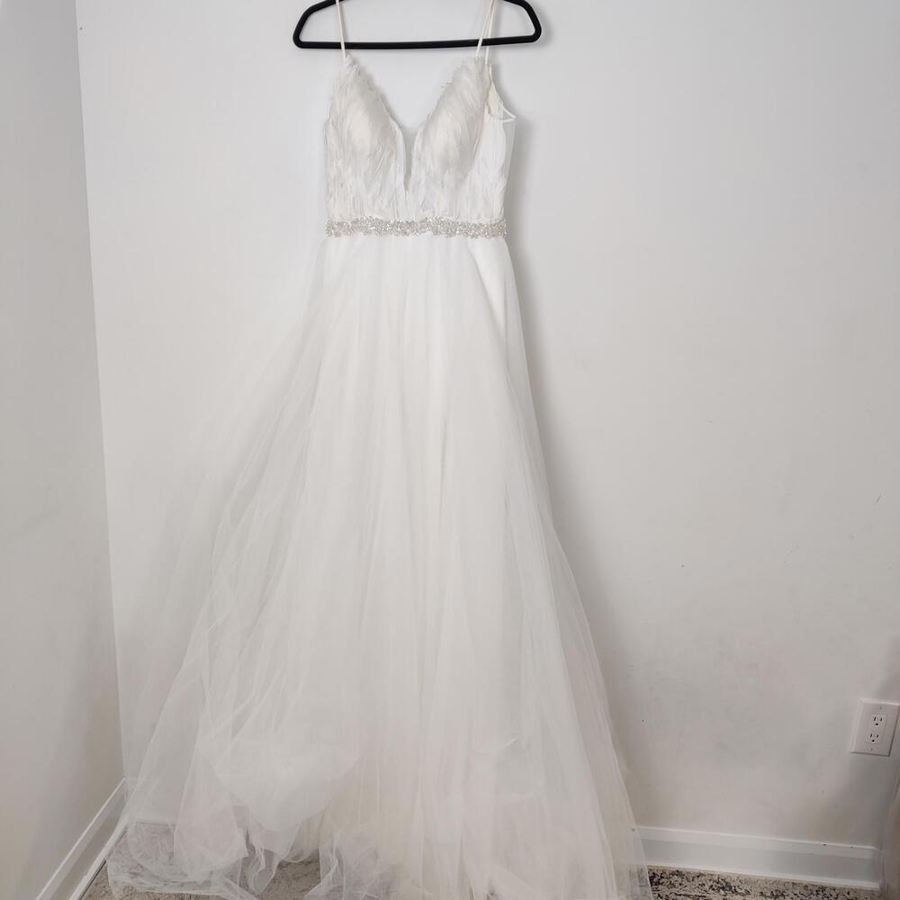 Dream On Oleg Cassini Feather Bodice Wedding Dress Size 12 Bridal Wedding Gown